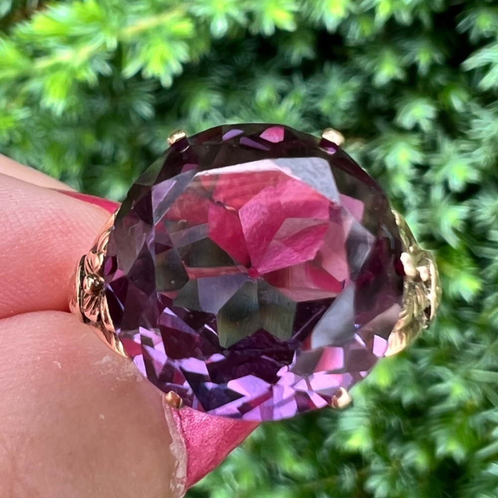 VINTAGE 14K YELLOW GOLD PURPLE COLOR CHANGE SAPPHIRE ALEXANDRITE FLOWER RING - Picture 15 of 16
